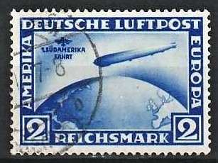 FRIMÆRKER TYSK RIGE: 1928-30 | AFA 438 | Zeppelin luftpost, Sydamerikafart - 2 mk. blå - Stemplet (Flot)